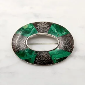 Stunning Malachite & Dinosaur Bone Scottish Pebble Brooch