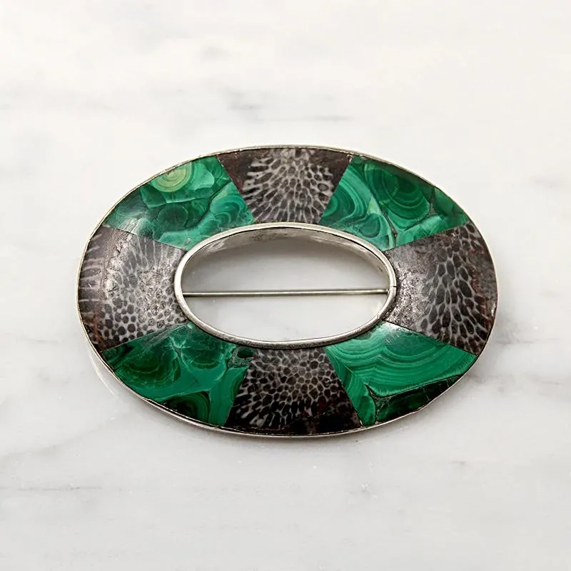 Stunning Malachite & Dinosaur Bone Scottish Pebble Brooch