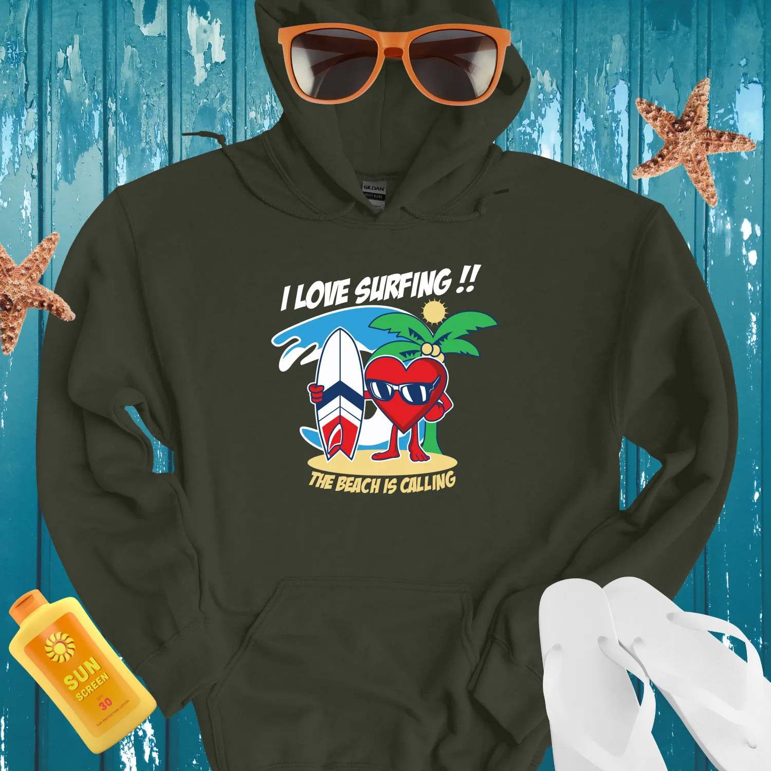 Surfing Adventure Hoodie With Cartoon Heart Design