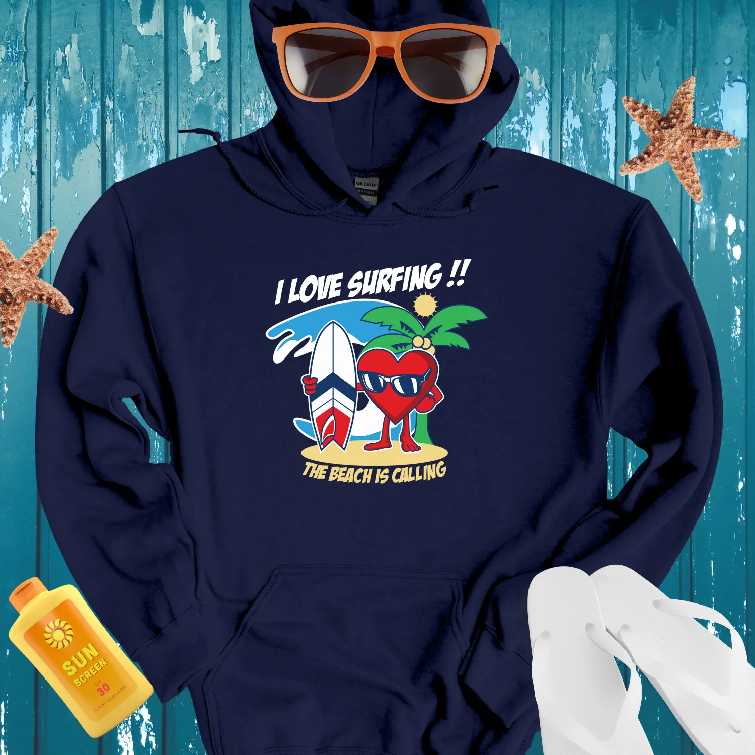 Surfing Adventure Hoodie With Cartoon Heart Design