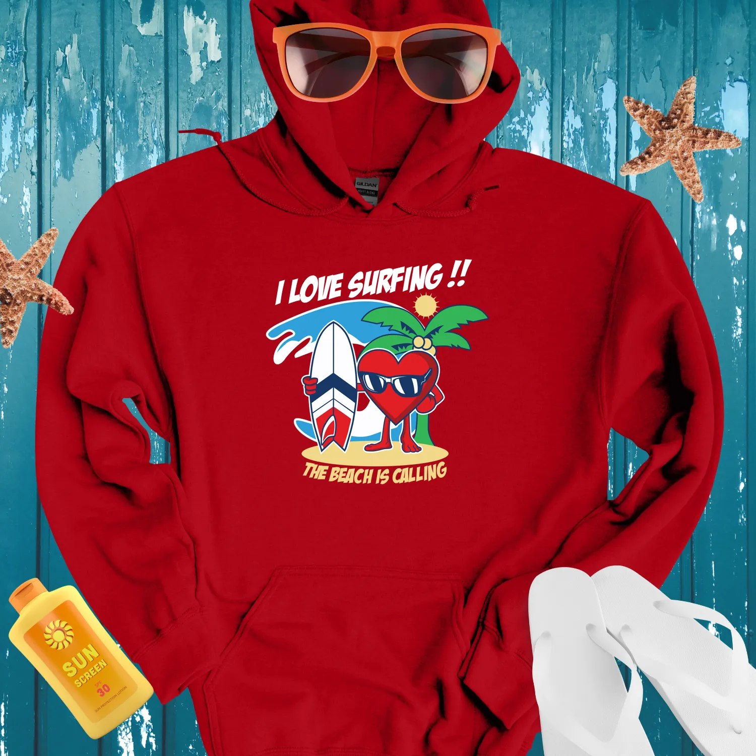 Surfing Adventure Hoodie With Cartoon Heart Design