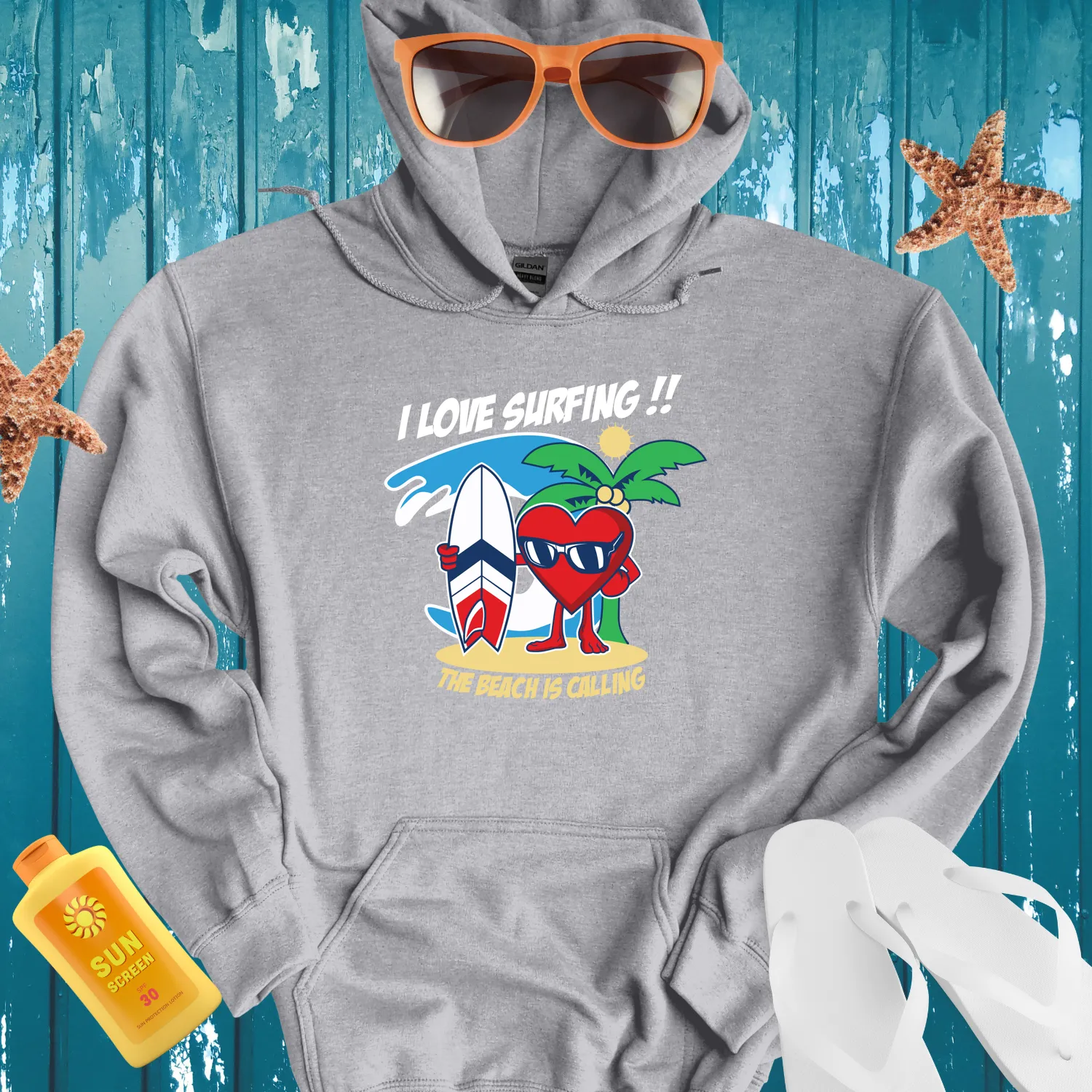 Surfing Adventure Hoodie With Cartoon Heart Design