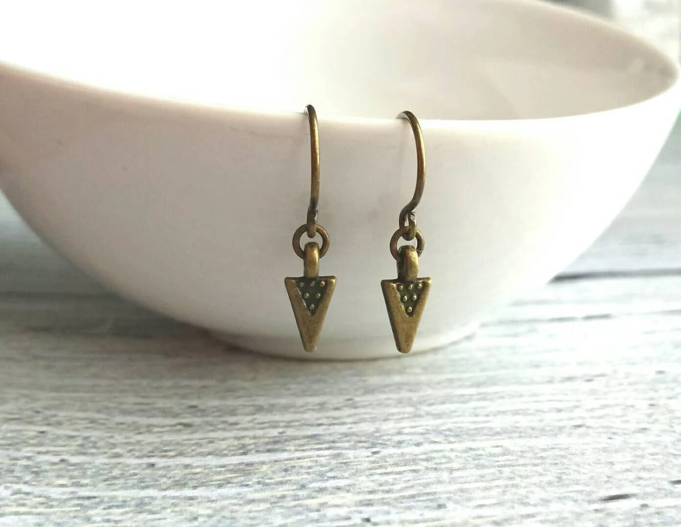 Tiny Tribal Earrings, little Boho earrings, bronze spear earring, small arrow earrings, point dangles, small daggers, antique brass triangle earring, dainty dangle earring
