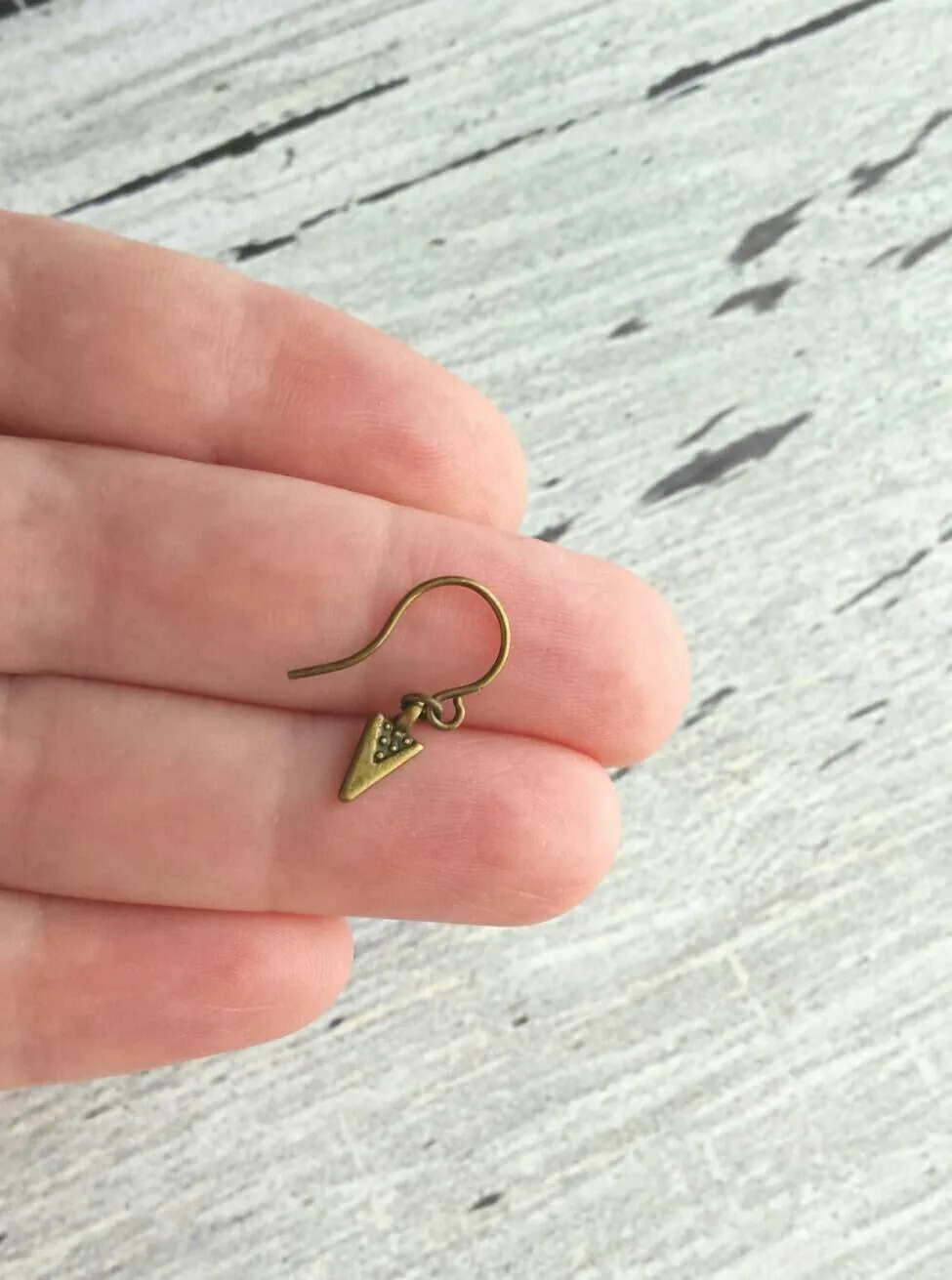 Tiny Tribal Earrings, little Boho earrings, bronze spear earring, small arrow earrings, point dangles, small daggers, antique brass triangle earring, dainty dangle earring