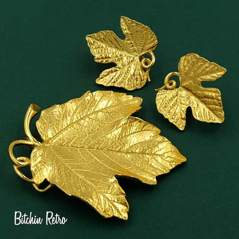 Trifari TM Vintage Leaf Brooch With Matching Comfort Clip Earrings