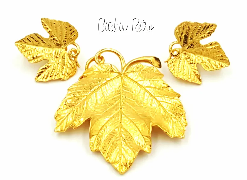 Trifari TM Vintage Leaf Brooch With Matching Comfort Clip Earrings