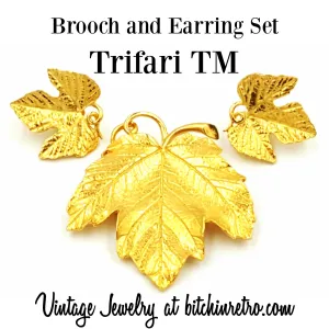 Trifari TM Vintage Leaf Brooch With Matching Comfort Clip Earrings