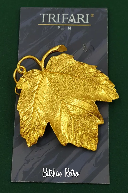 Trifari TM Vintage Leaf Brooch With Matching Comfort Clip Earrings