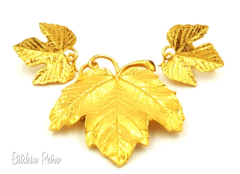 Trifari TM Vintage Leaf Brooch With Matching Comfort Clip Earrings