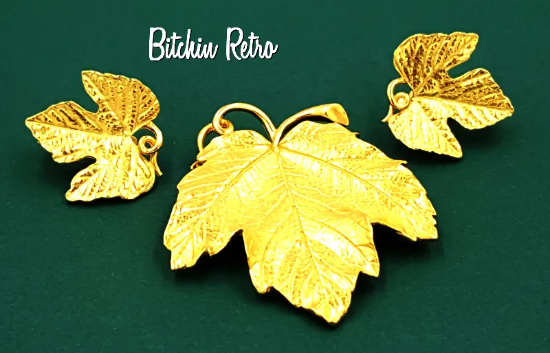 Trifari TM Vintage Leaf Brooch With Matching Comfort Clip Earrings