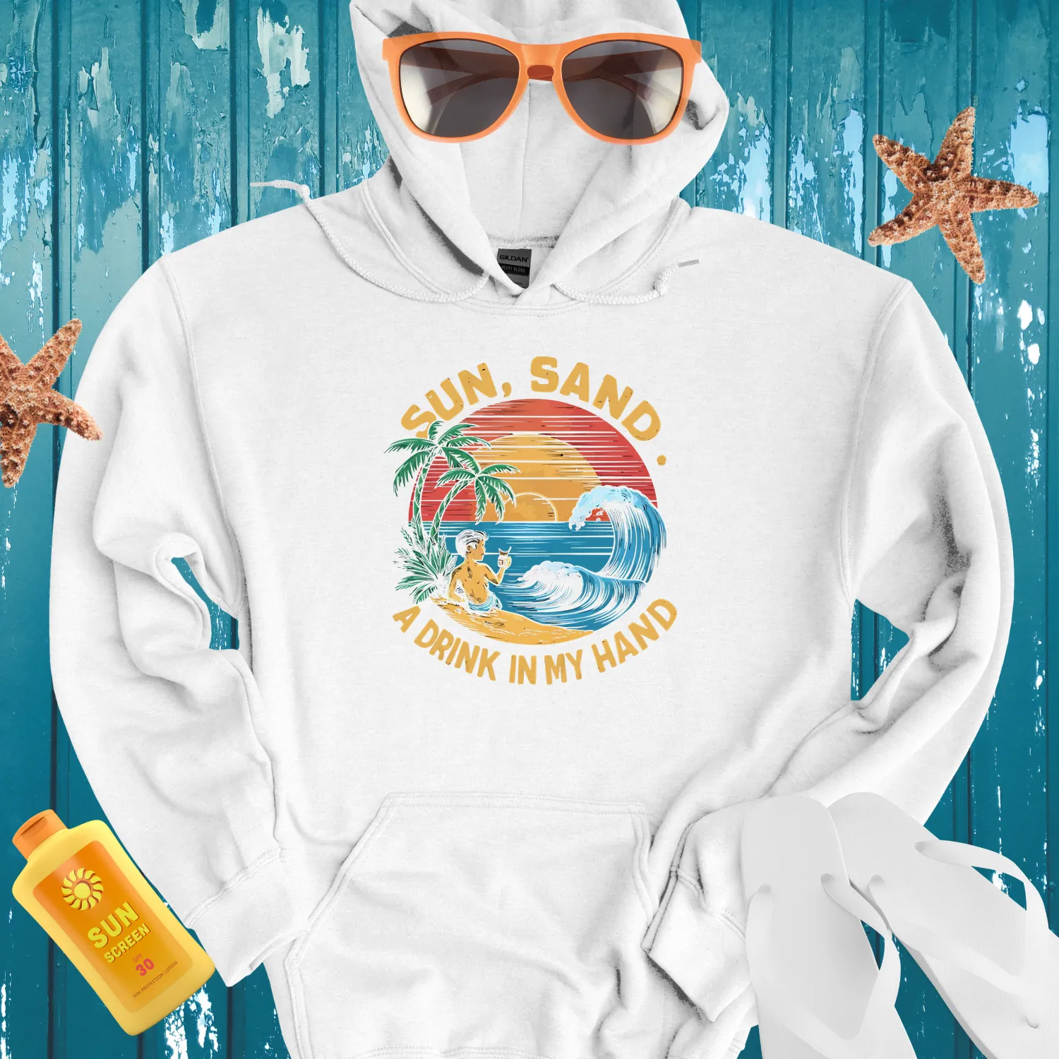 Tropical Beach Scene Hoodie With Sunset And Palms