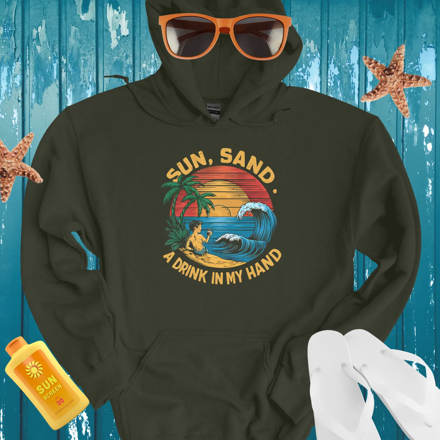 Tropical Beach Scene Hoodie With Sunset And Palms