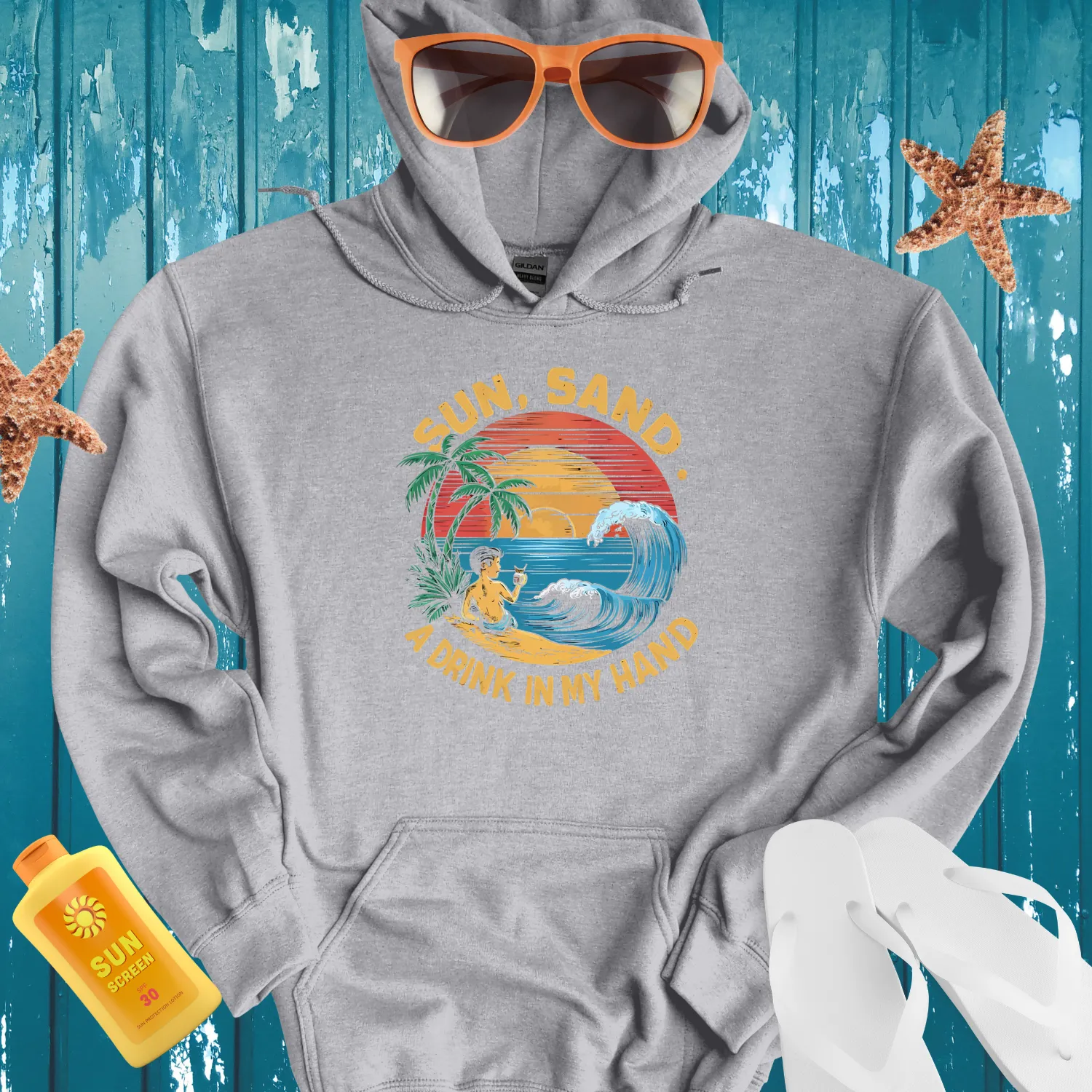 Tropical Beach Scene Hoodie With Sunset And Palms