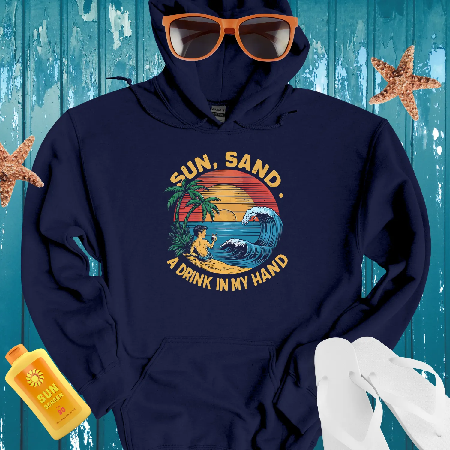 Tropical Beach Scene Hoodie With Sunset And Palms