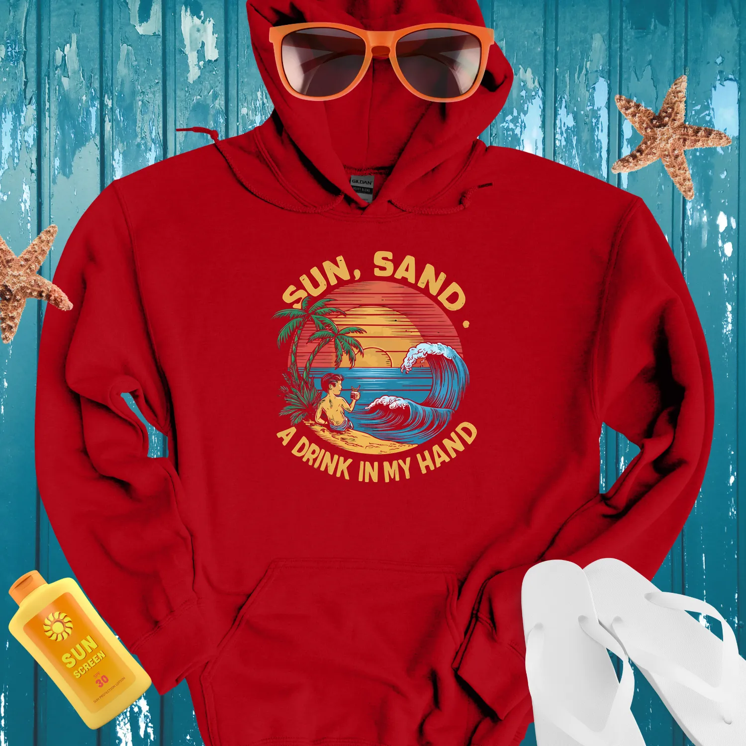 Tropical Beach Scene Hoodie With Sunset And Palms