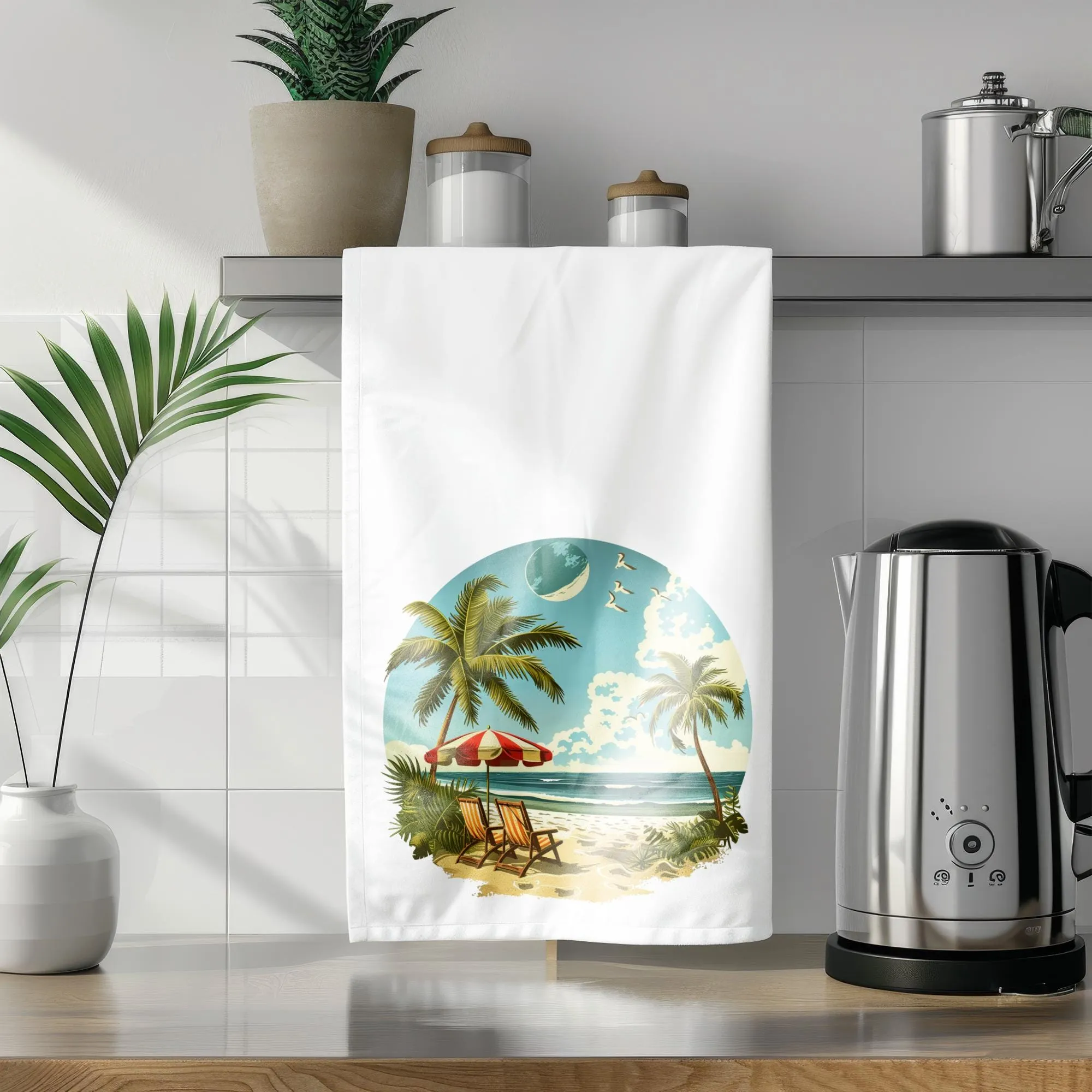 Tropical Beach Scene Tea Towel - Striped Umbrella and Chairs, Cotton Kitchen Towel, Perfect Gift for Beach Lovers & Decor