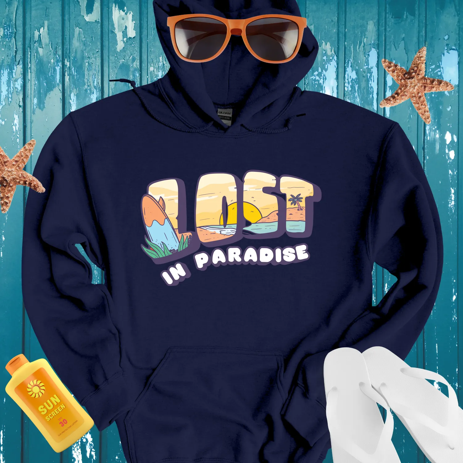 Tropical Lost In Paradise Hoodie With Beach Scene Design