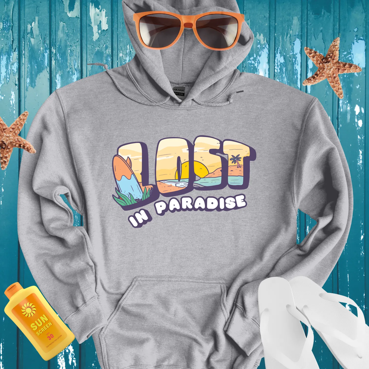 Tropical Lost In Paradise Hoodie With Beach Scene Design