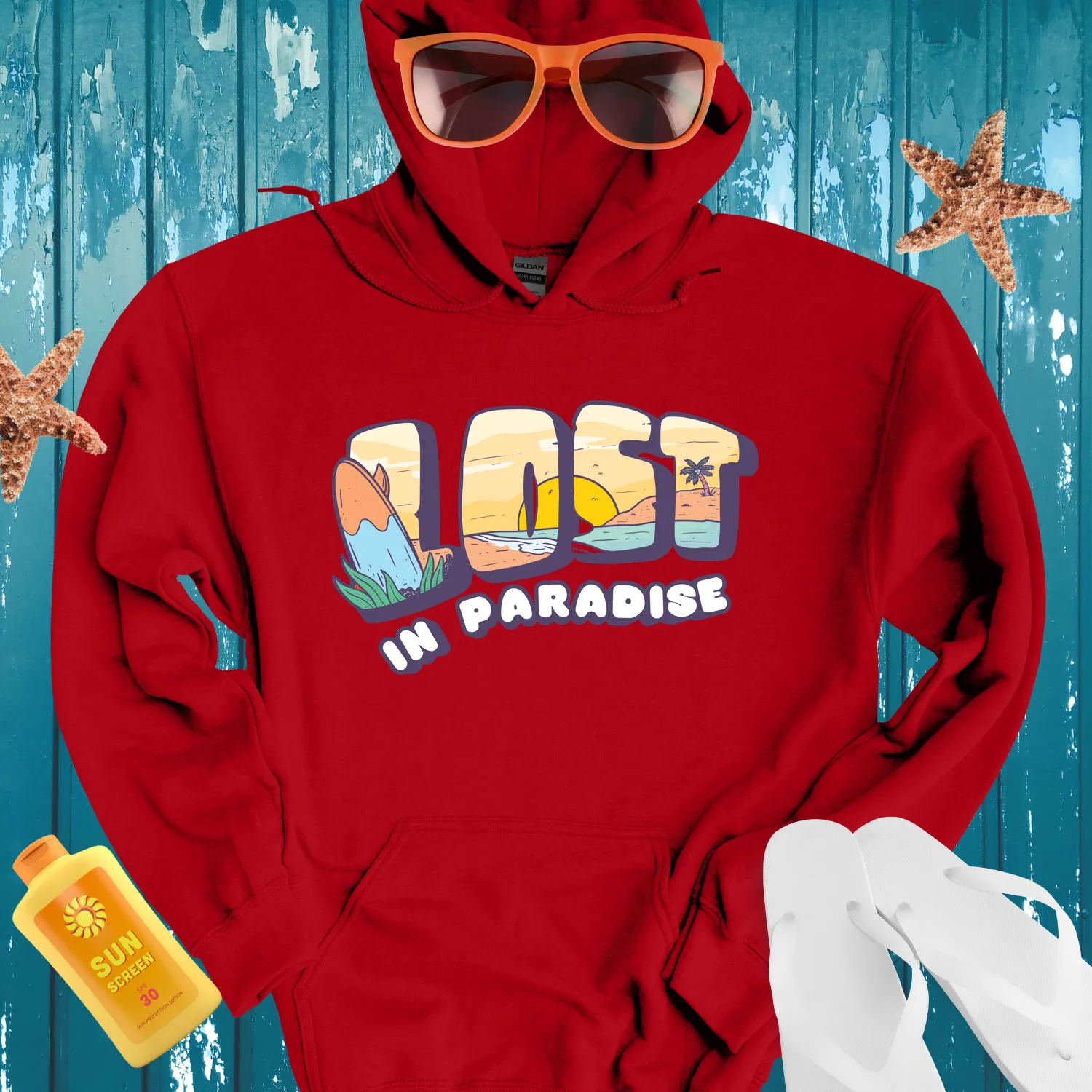Tropical Lost In Paradise Hoodie With Beach Scene Design