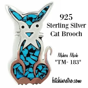 Turquoise and 925 Sterling Silver Cat Brooch Marked Mexico TM-183