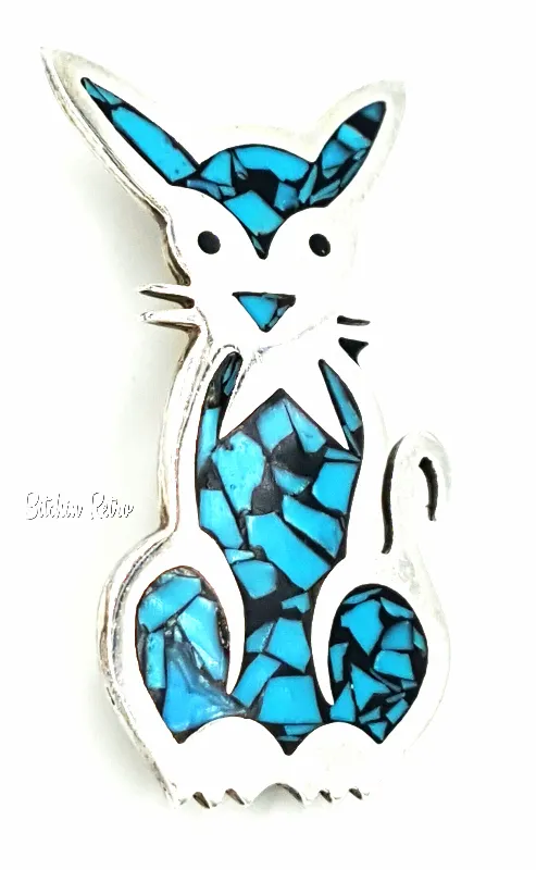 Turquoise and 925 Sterling Silver Cat Brooch Marked Mexico TM-183