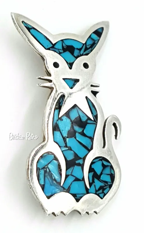 Turquoise and 925 Sterling Silver Cat Brooch Marked Mexico TM-183