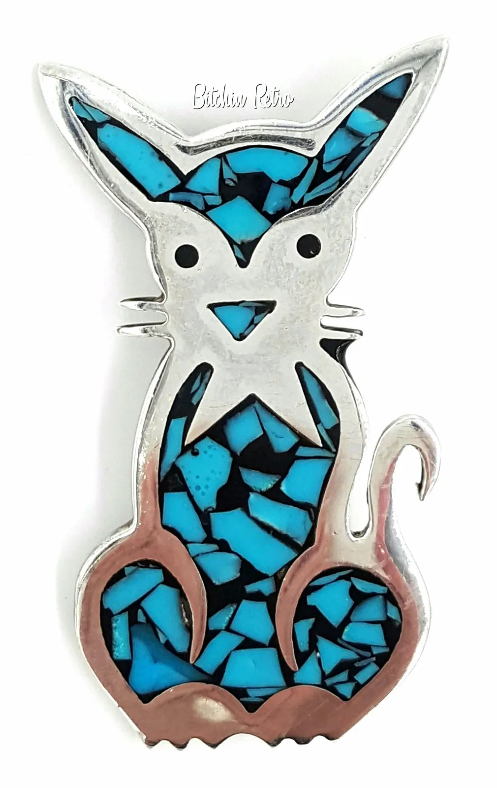 Turquoise and 925 Sterling Silver Cat Brooch Marked Mexico TM-183