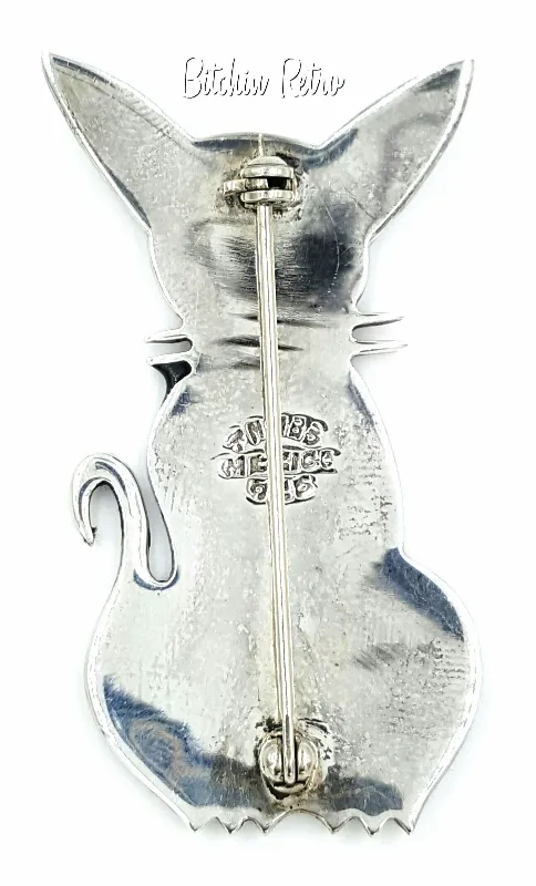 Turquoise and 925 Sterling Silver Cat Brooch Marked Mexico TM-183