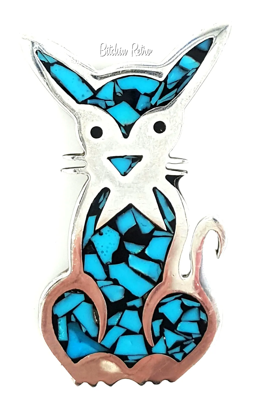 Turquoise and 925 Sterling Silver Cat Brooch Marked Mexico TM-183