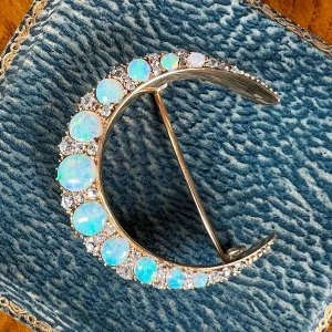 Victorian Opal & Diamond Crescent Pin