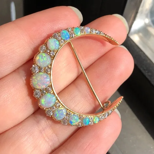 Victorian Opal & Diamond Crescent Pin