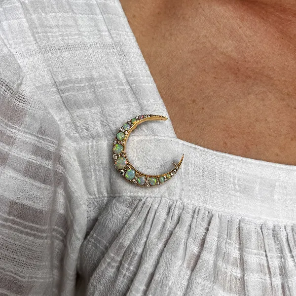 Victorian Opal & Diamond Crescent Pin