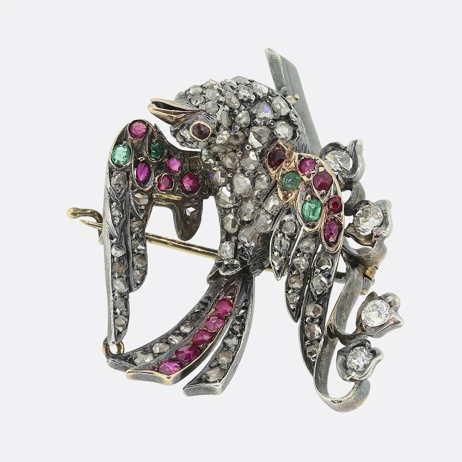 Victorian Ruby Emerald and Diamond Bird Brooch
