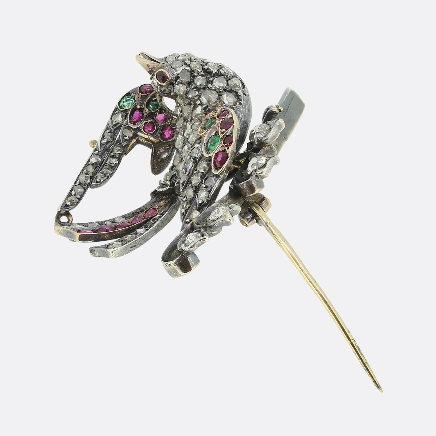 Victorian Ruby Emerald and Diamond Bird Brooch