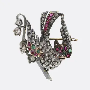 Victorian Ruby Emerald and Diamond Bird Brooch