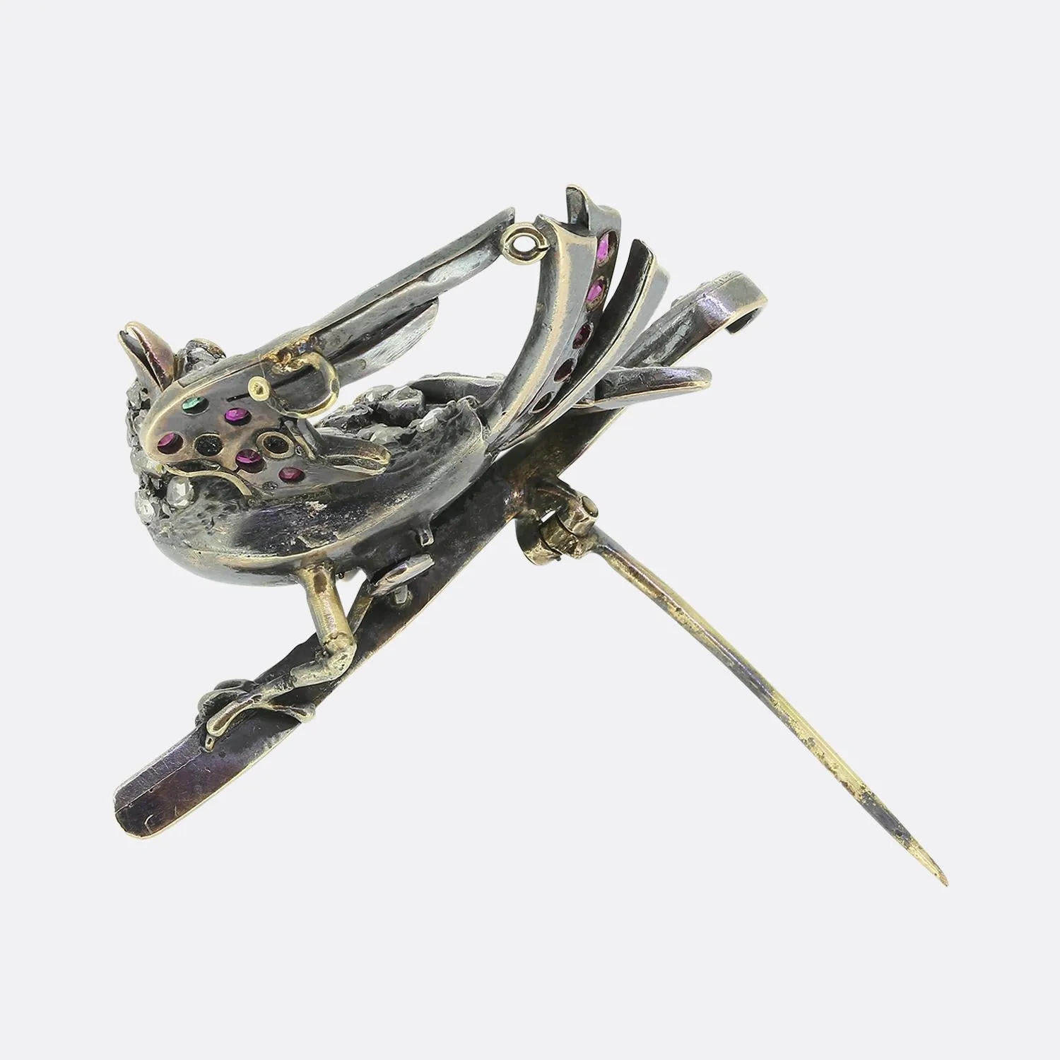 Victorian Ruby Emerald and Diamond Bird Brooch