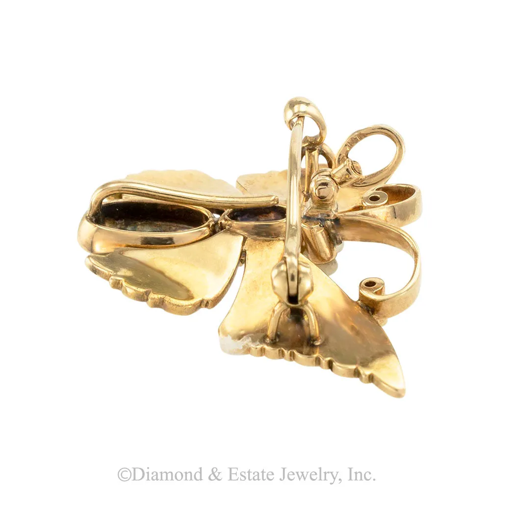 Victorian Sapphire Seed Pearl Butterfly Yellow Gold Brooch Pendant