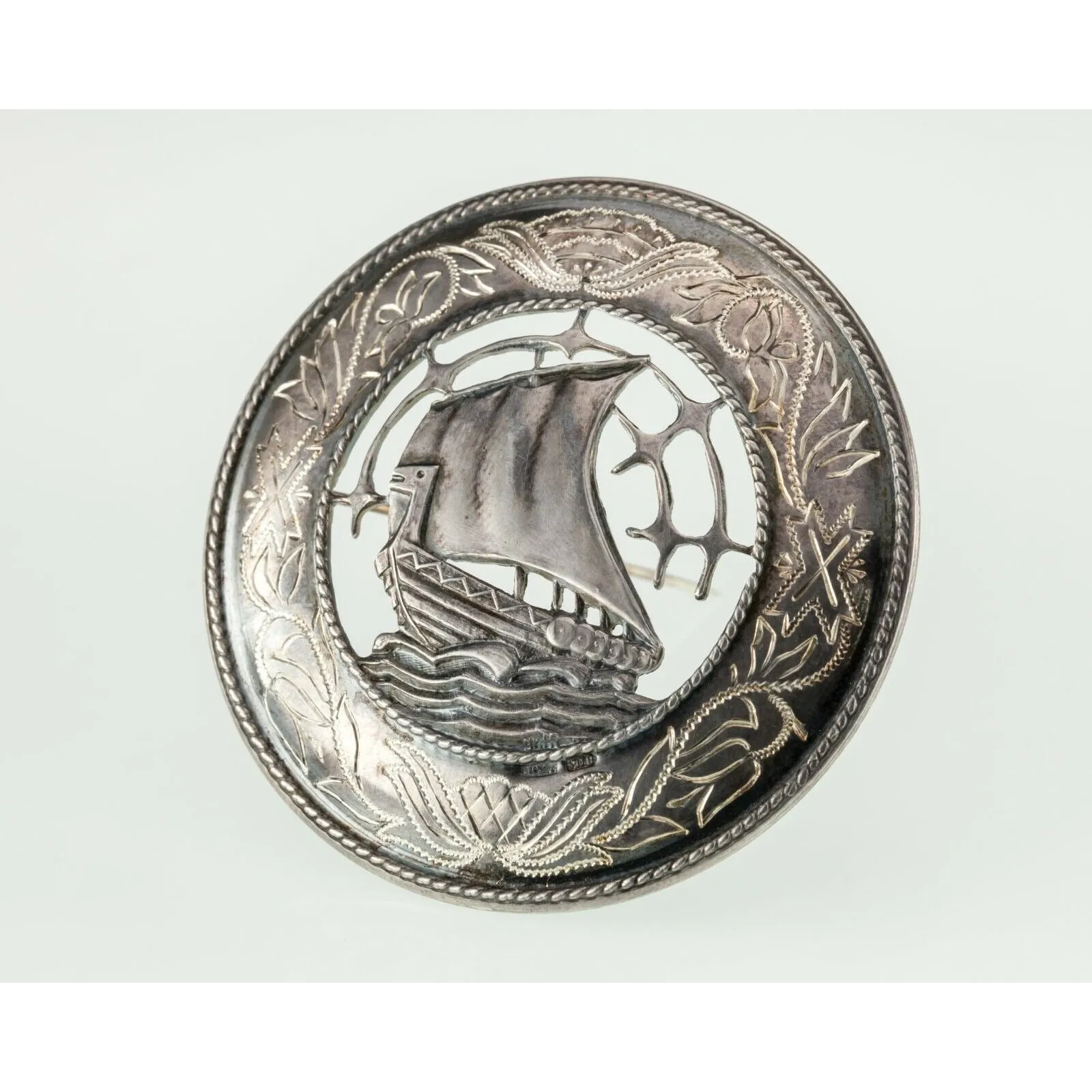 Viking Ship Round Brooch Sterling Silver 18.2 grams