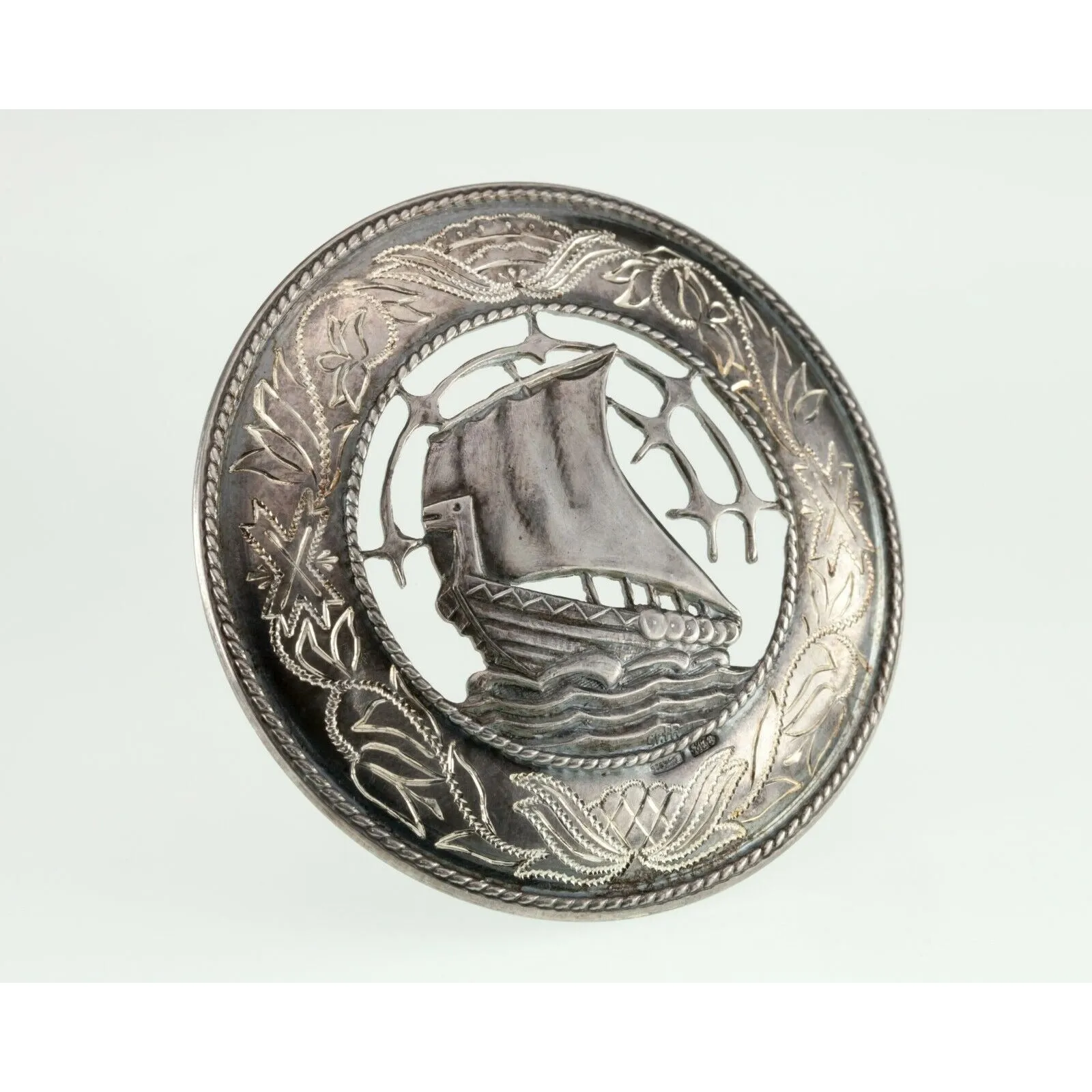 Viking Ship Round Brooch Sterling Silver 18.2 grams