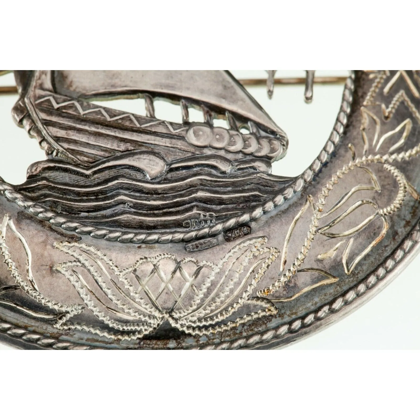 Viking Ship Round Brooch Sterling Silver 18.2 grams