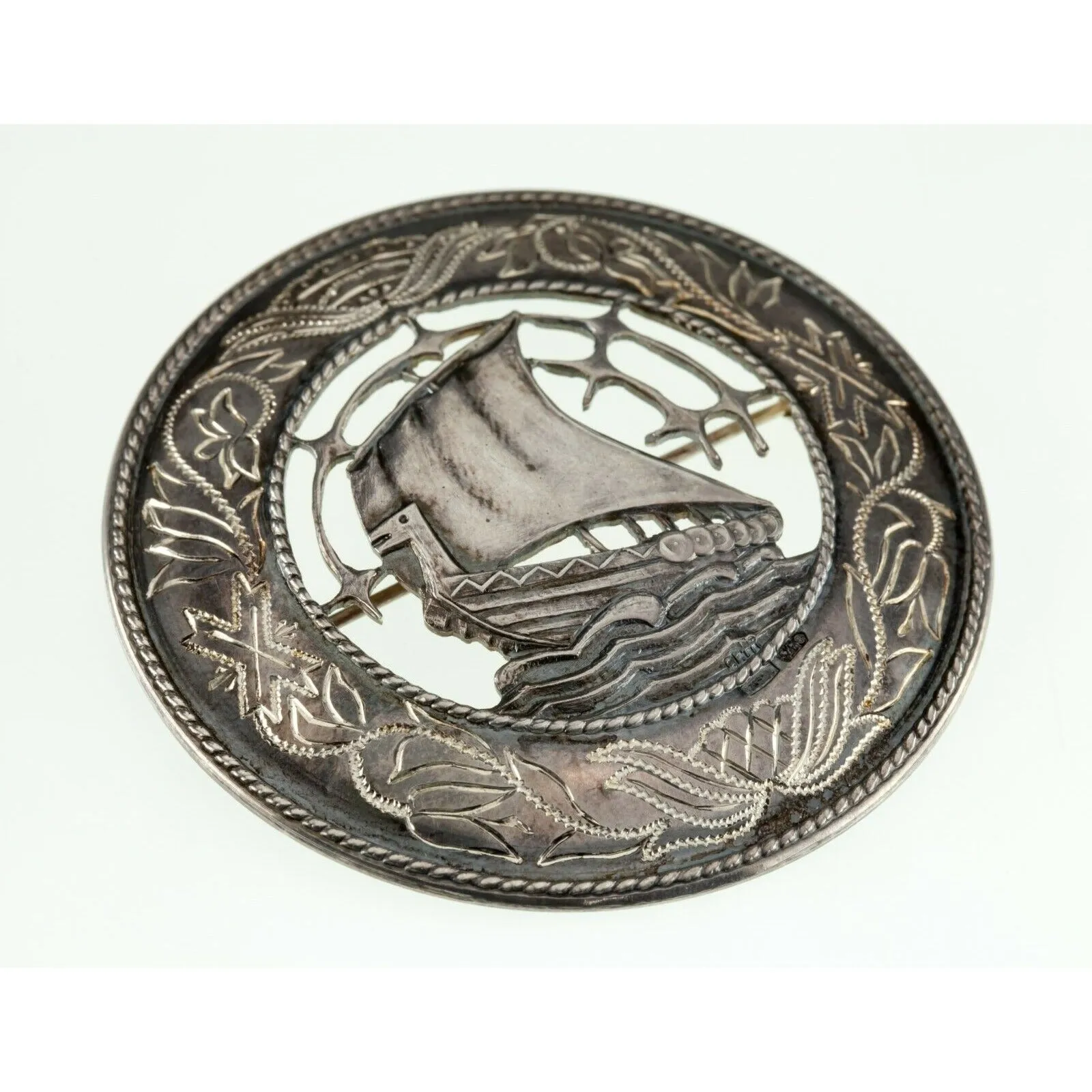 Viking Ship Round Brooch Sterling Silver 18.2 grams