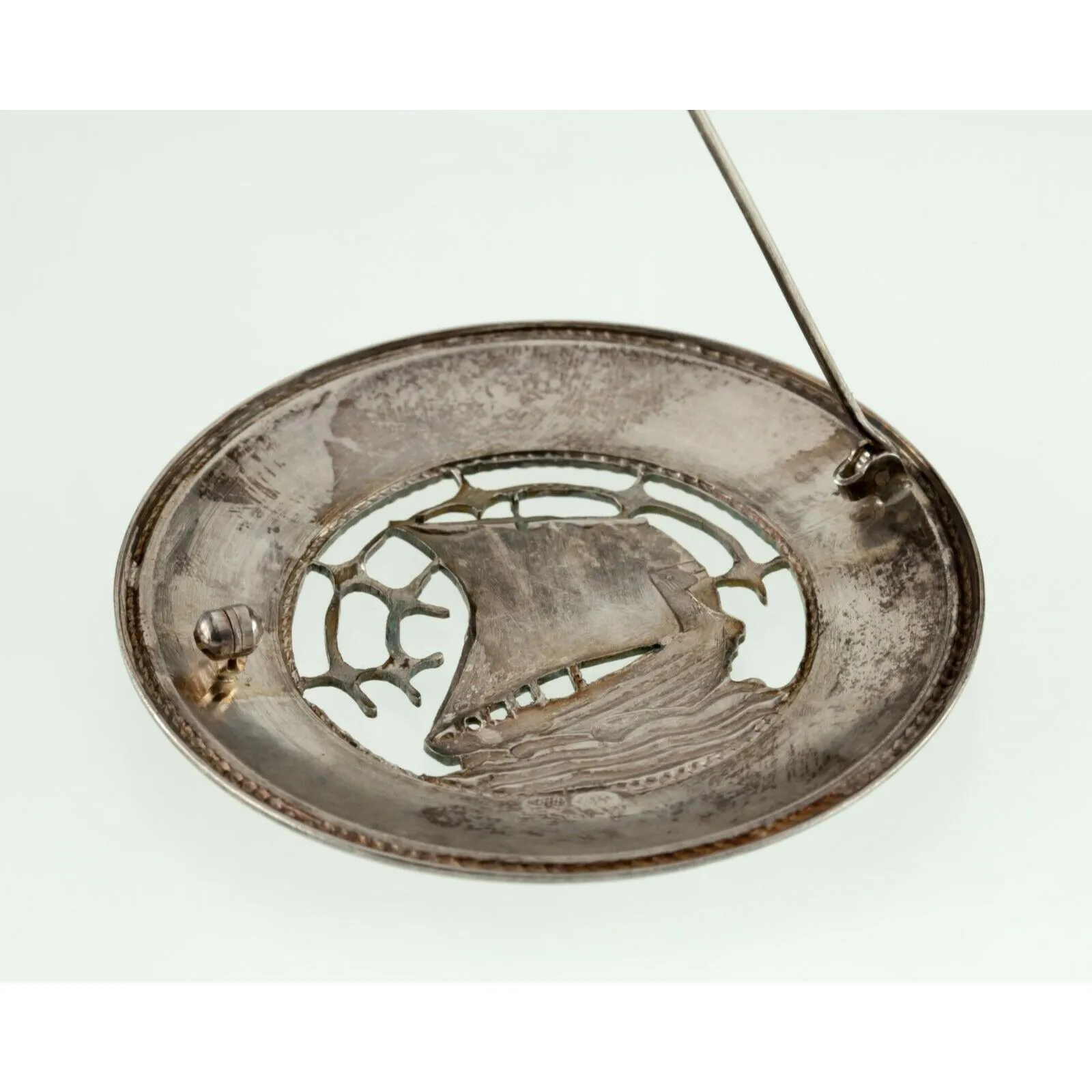 Viking Ship Round Brooch Sterling Silver 18.2 grams