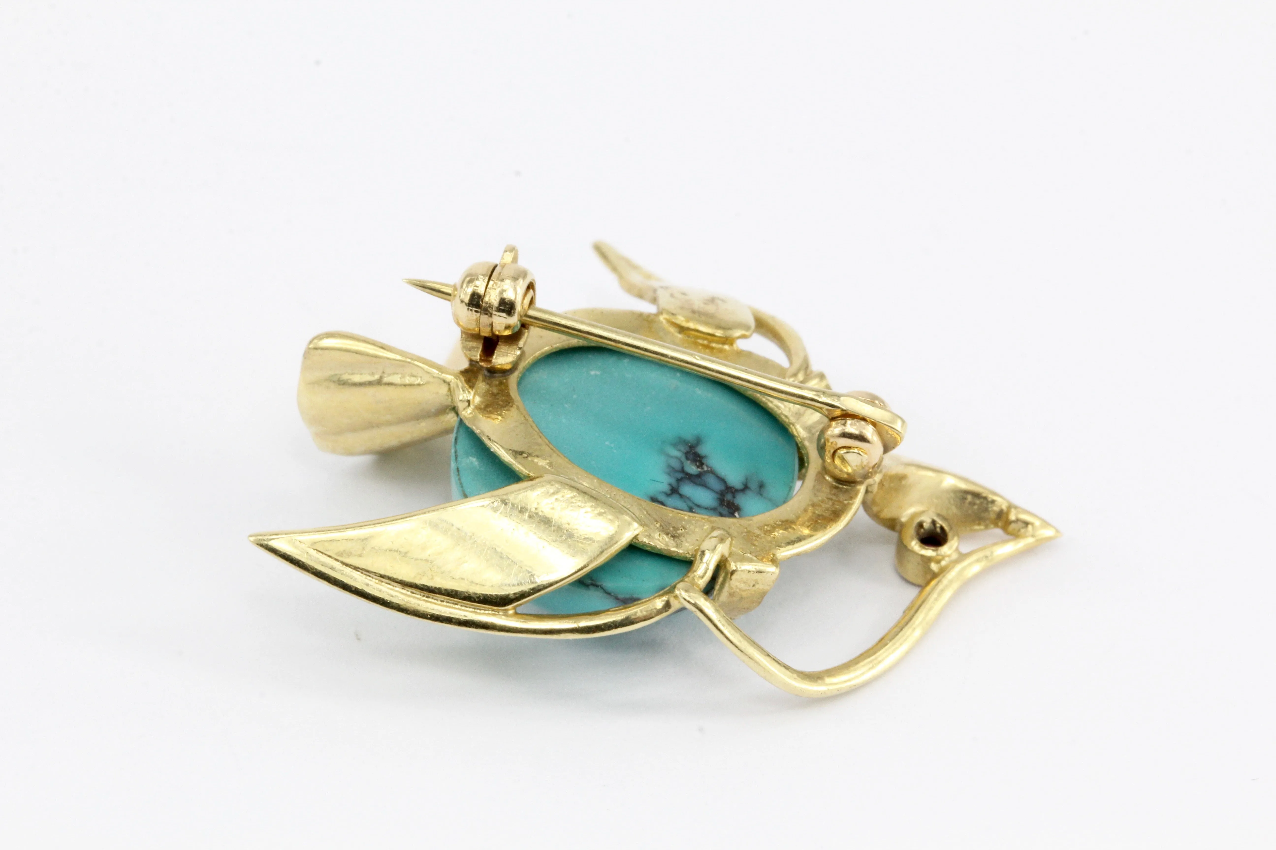 Vintage 14K Yellow Gold Turquoise Bird Pin
