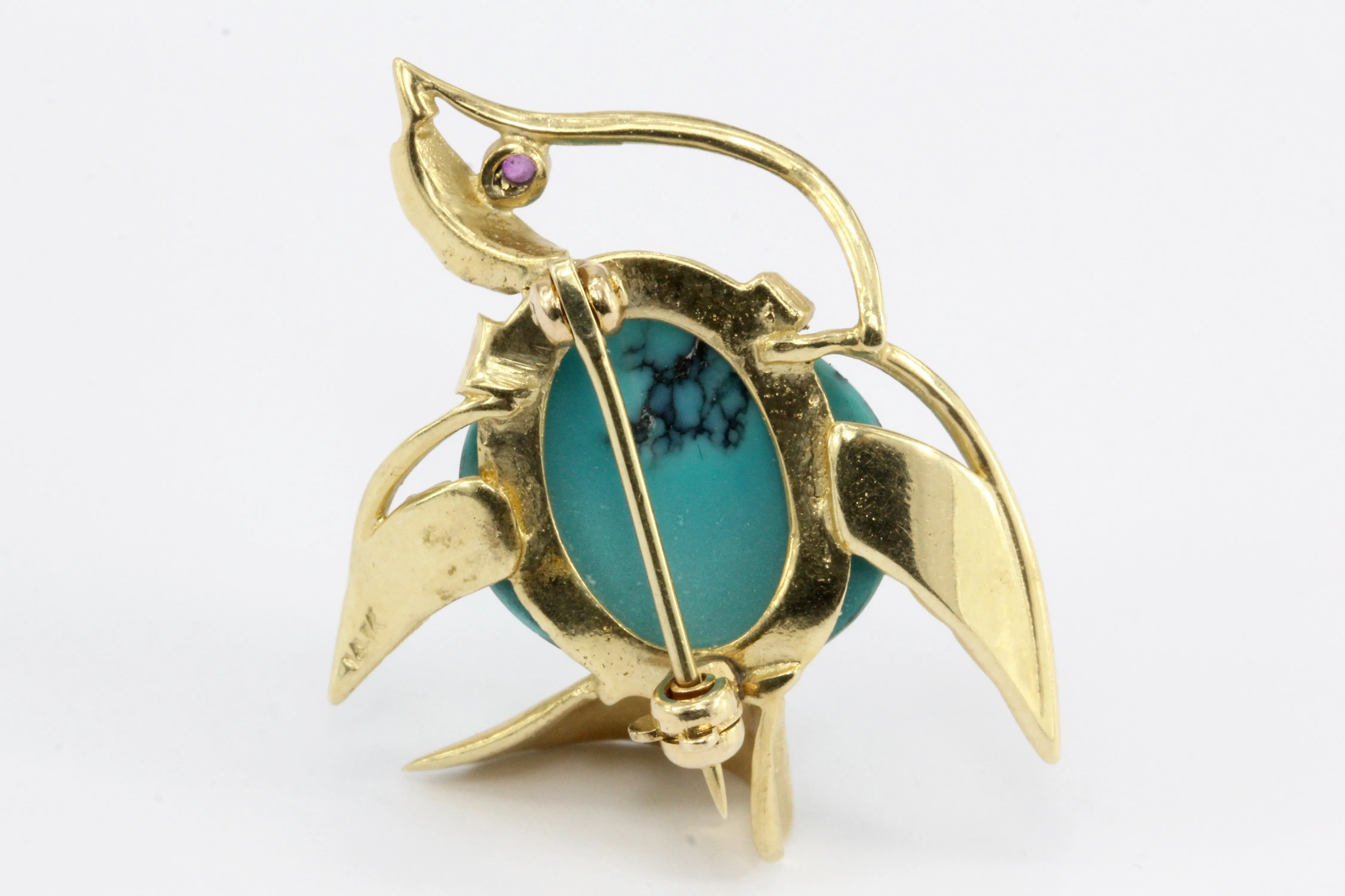 Vintage 14K Yellow Gold Turquoise Bird Pin