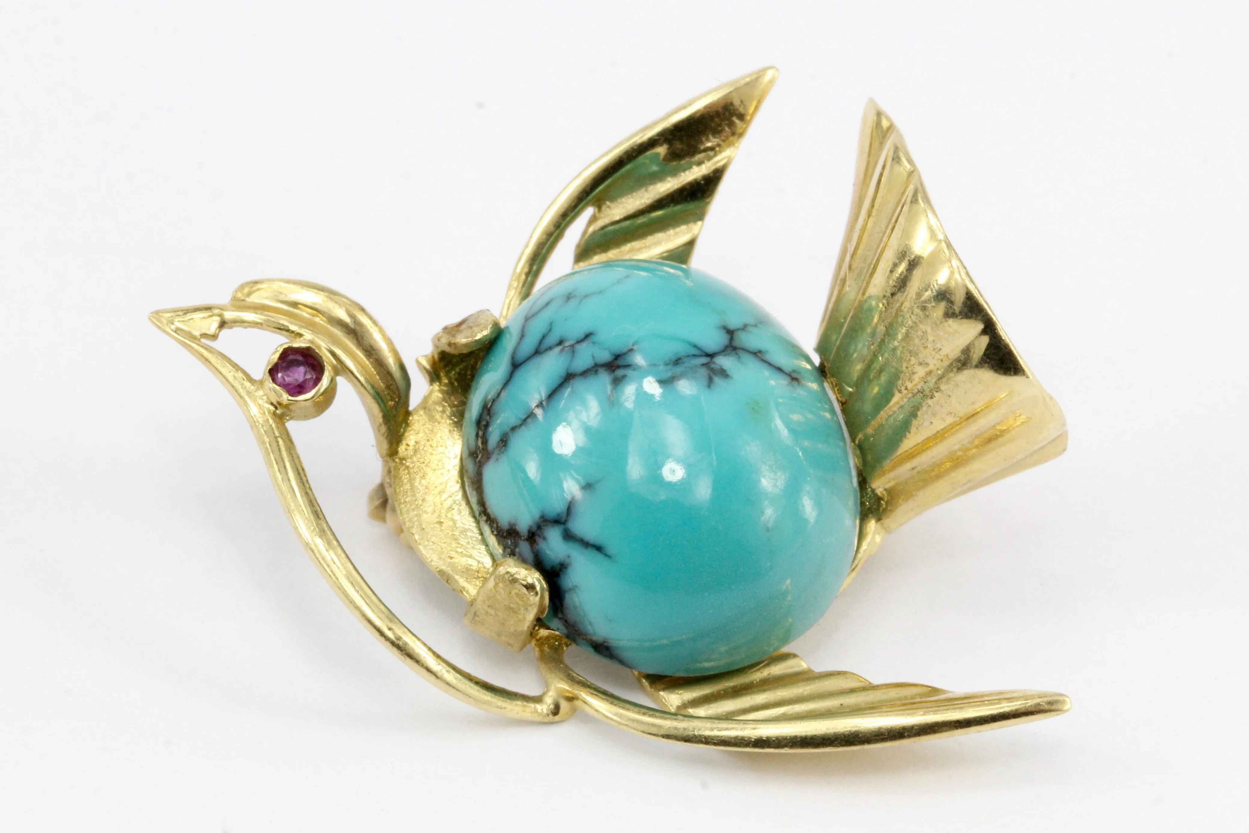 Vintage 14K Yellow Gold Turquoise Bird Pin