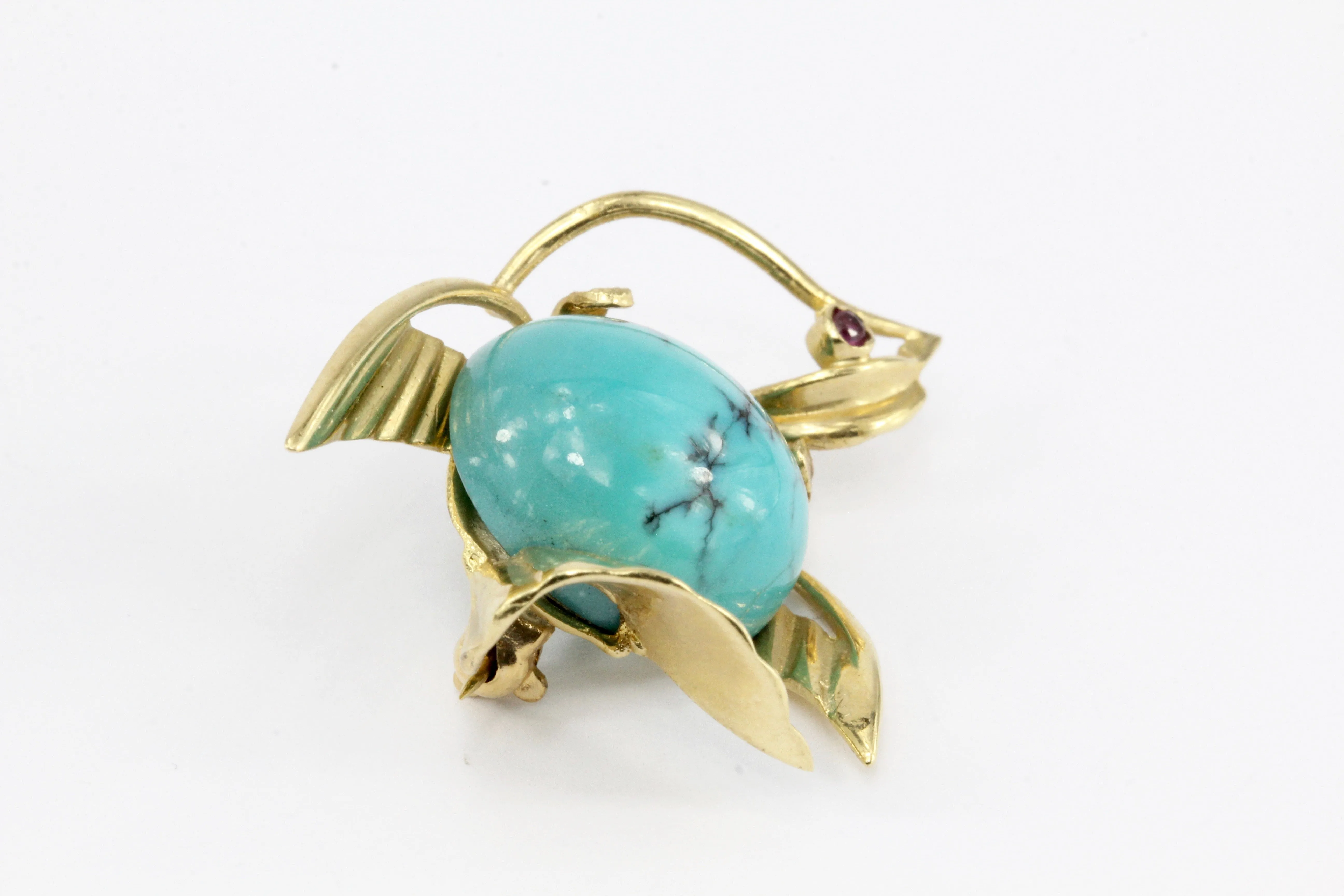 Vintage 14K Yellow Gold Turquoise Bird Pin