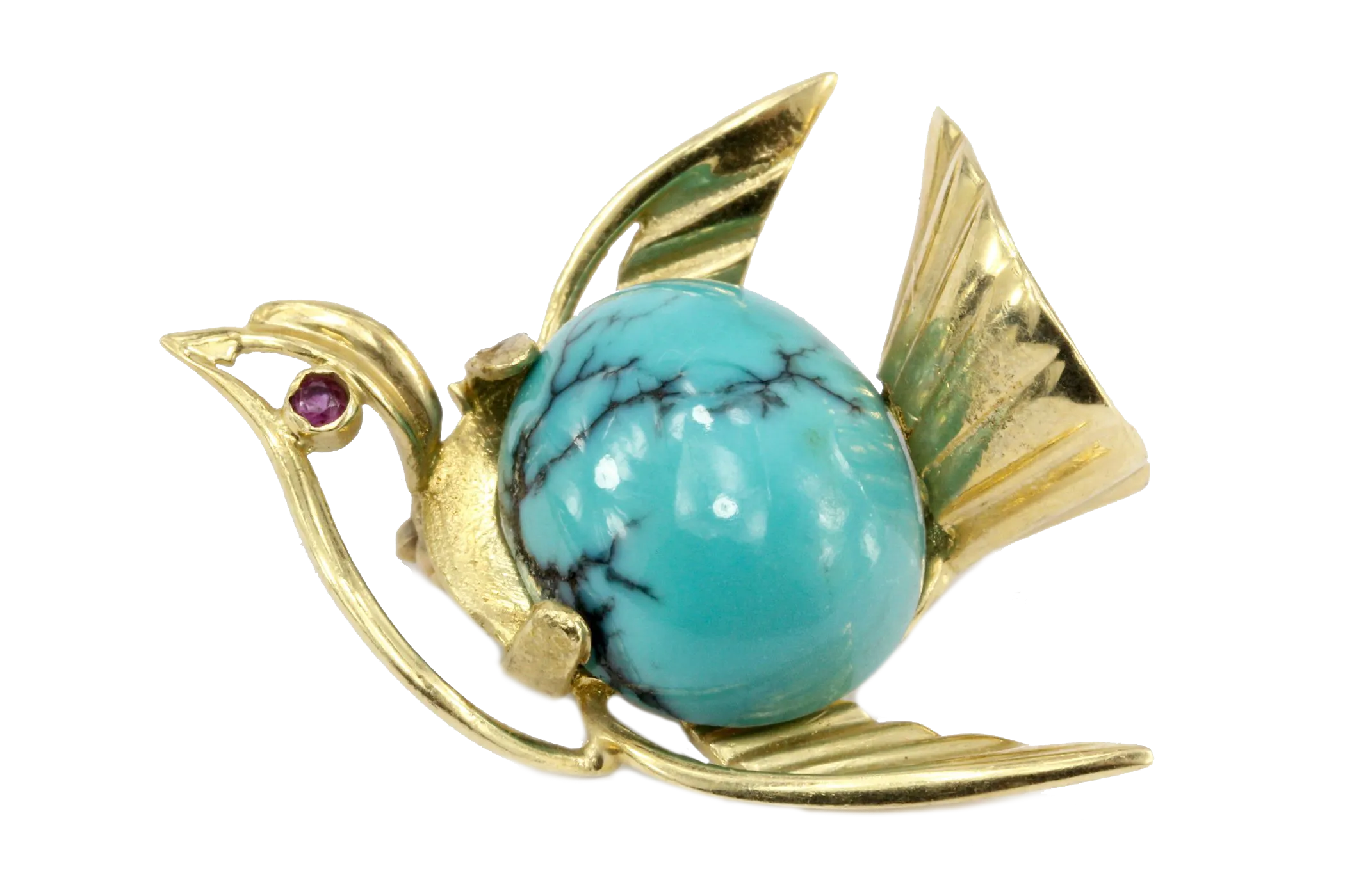 Vintage 14K Yellow Gold Turquoise Bird Pin