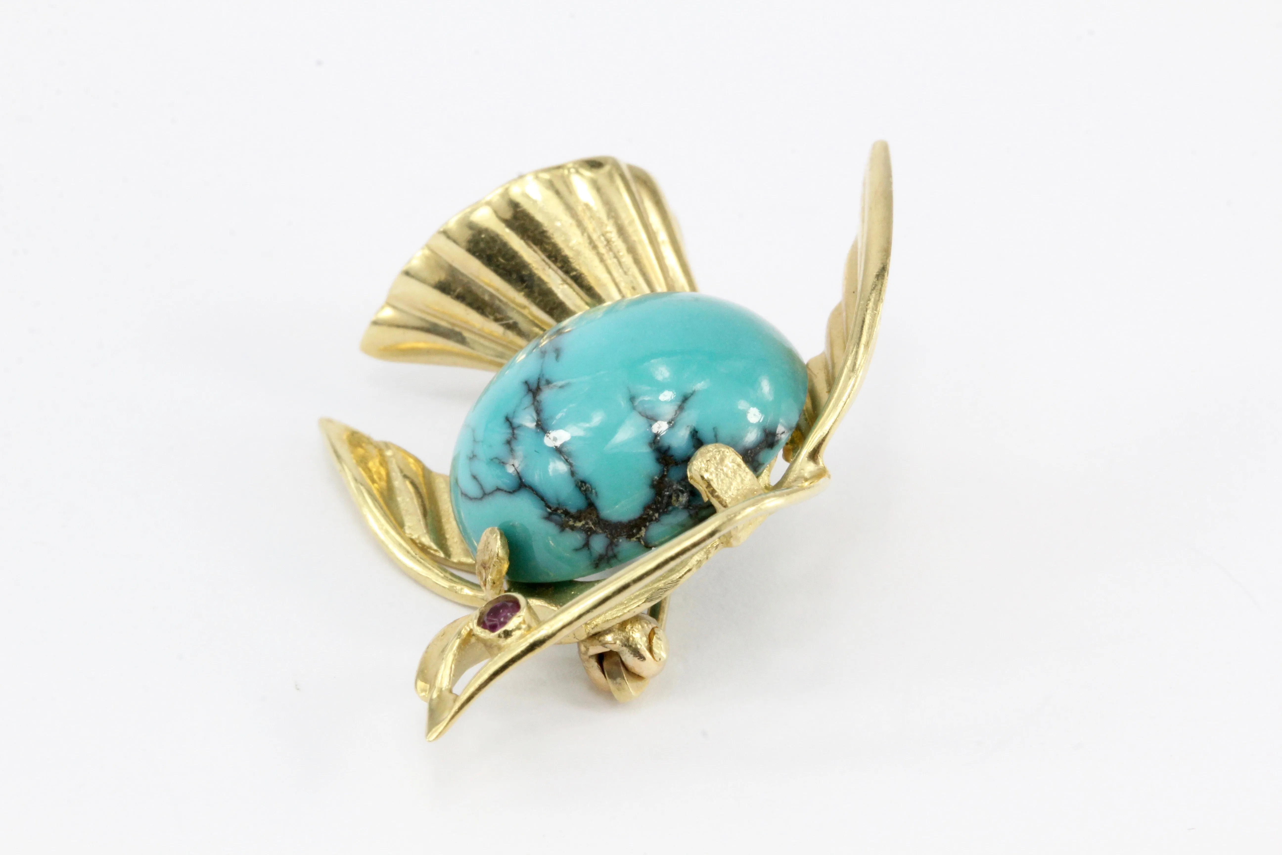 Vintage 14K Yellow Gold Turquoise Bird Pin