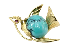 Vintage 14K Yellow Gold Turquoise Bird Pin