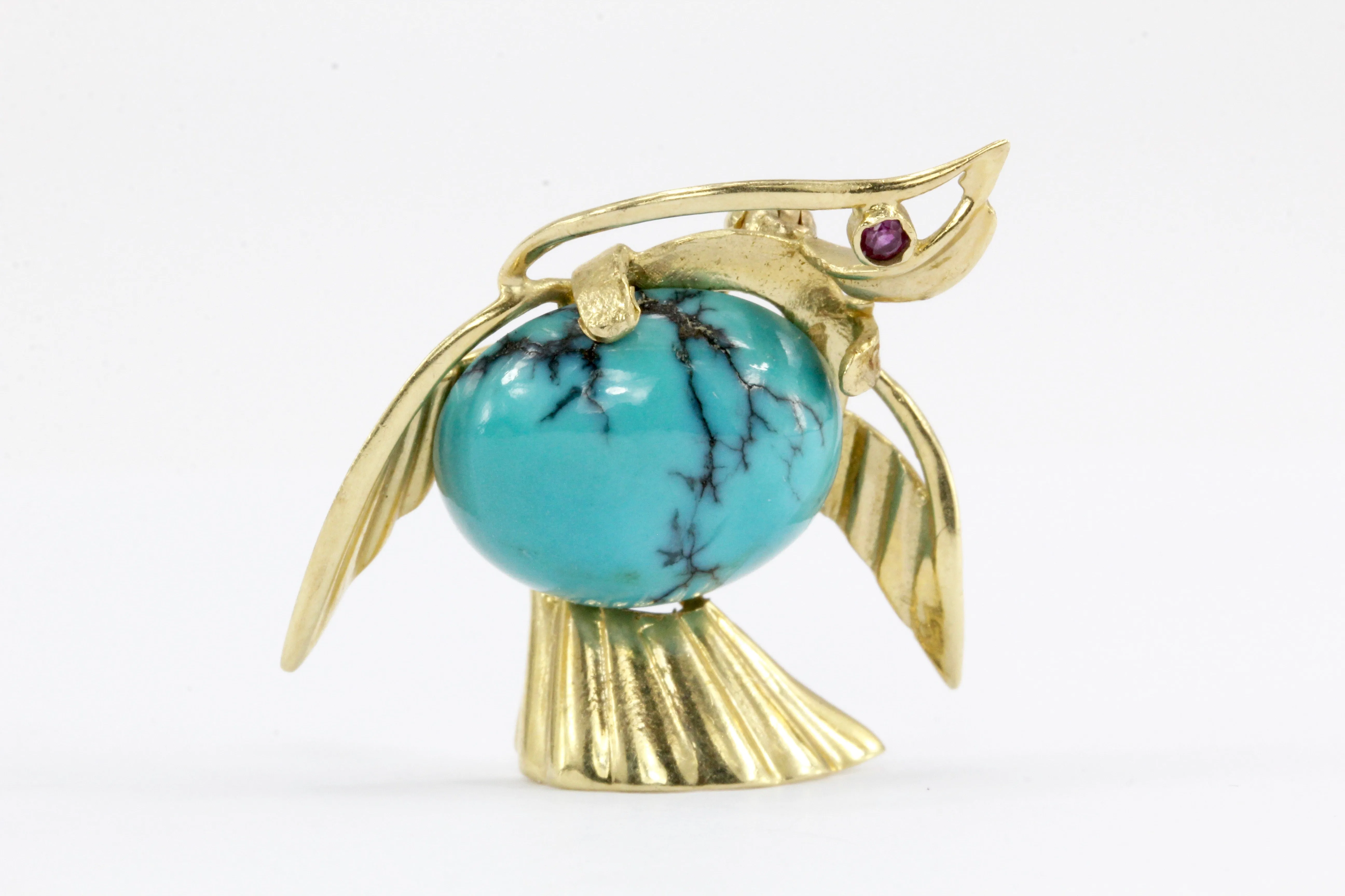 Vintage 14K Yellow Gold Turquoise Bird Pin